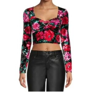 VTG 90s Madden NYC Velvet Burnout‎ Floral Crop Top XL Jr Black Embellished Y2K